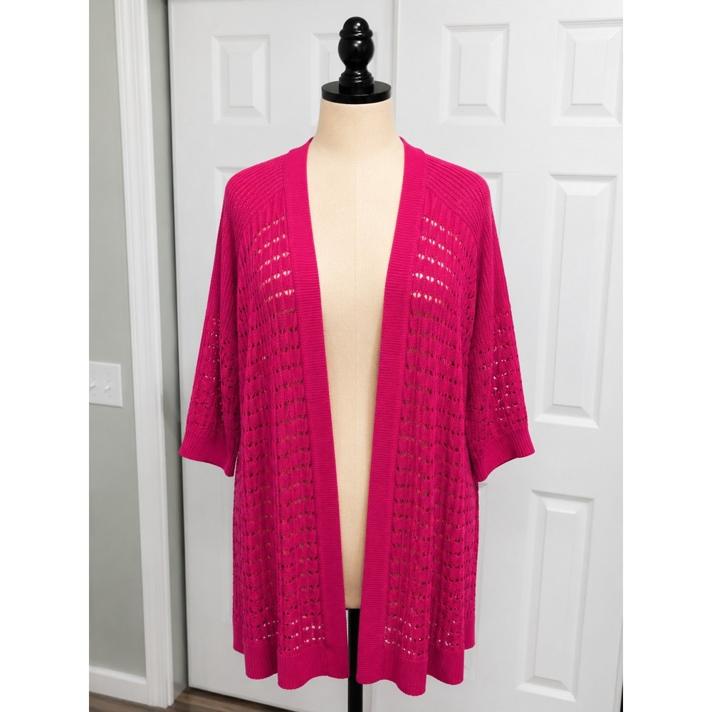 Jones Studio Cardigan Sweater XL Hot Pink Open Knit Duster Cotton Blend Preppy
